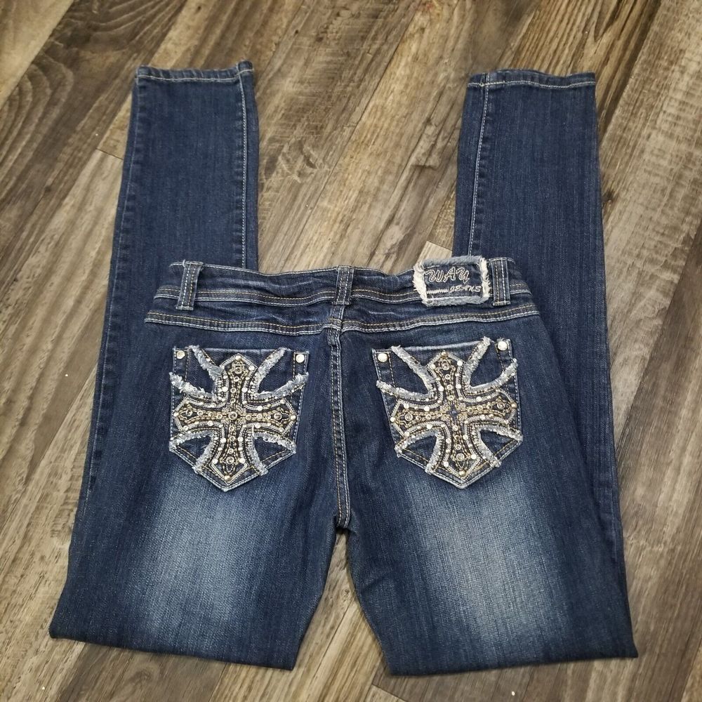 Way Jeans Womens Size 7‎ Blue Jeans Rhinestones Cross 30" Inseam